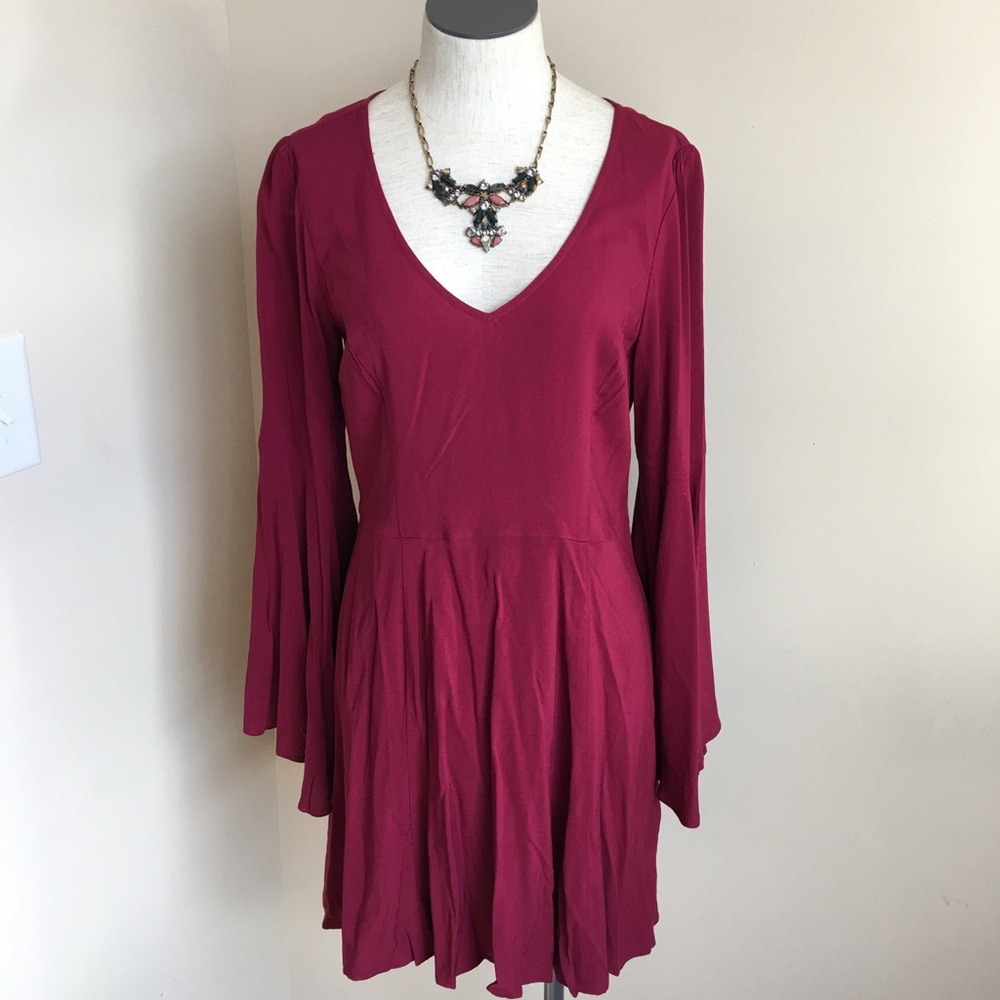 Express Deep Berry Long Sleeve V-Neck Skater Dress